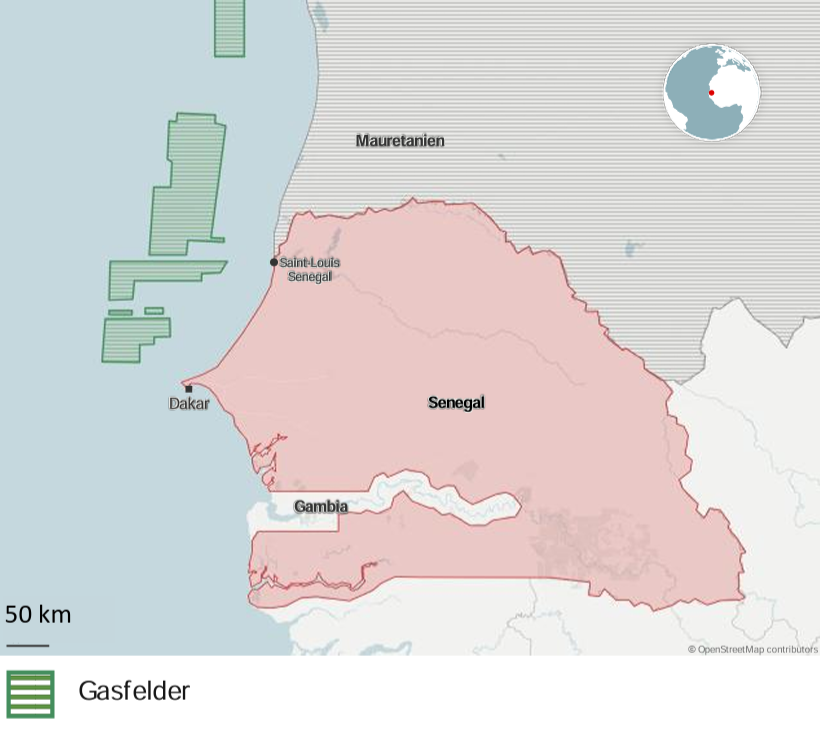 Karte von Senegal mit Küste, Nachbarländern und markierten Gasfeldern